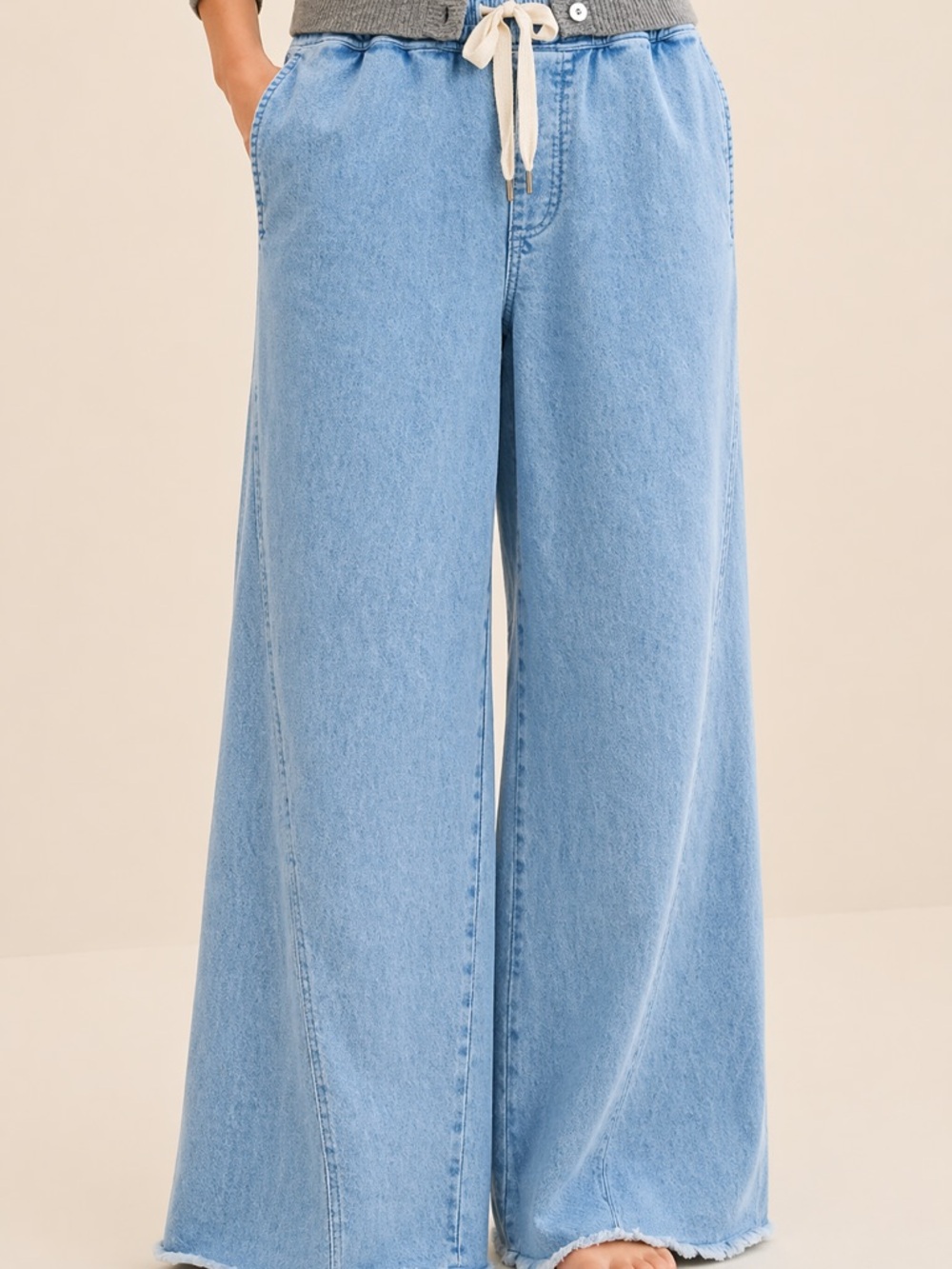 aerie Soft Landing Light Blue Wide-Leg Drawstring Jeans (218) - Picture 2 of 9